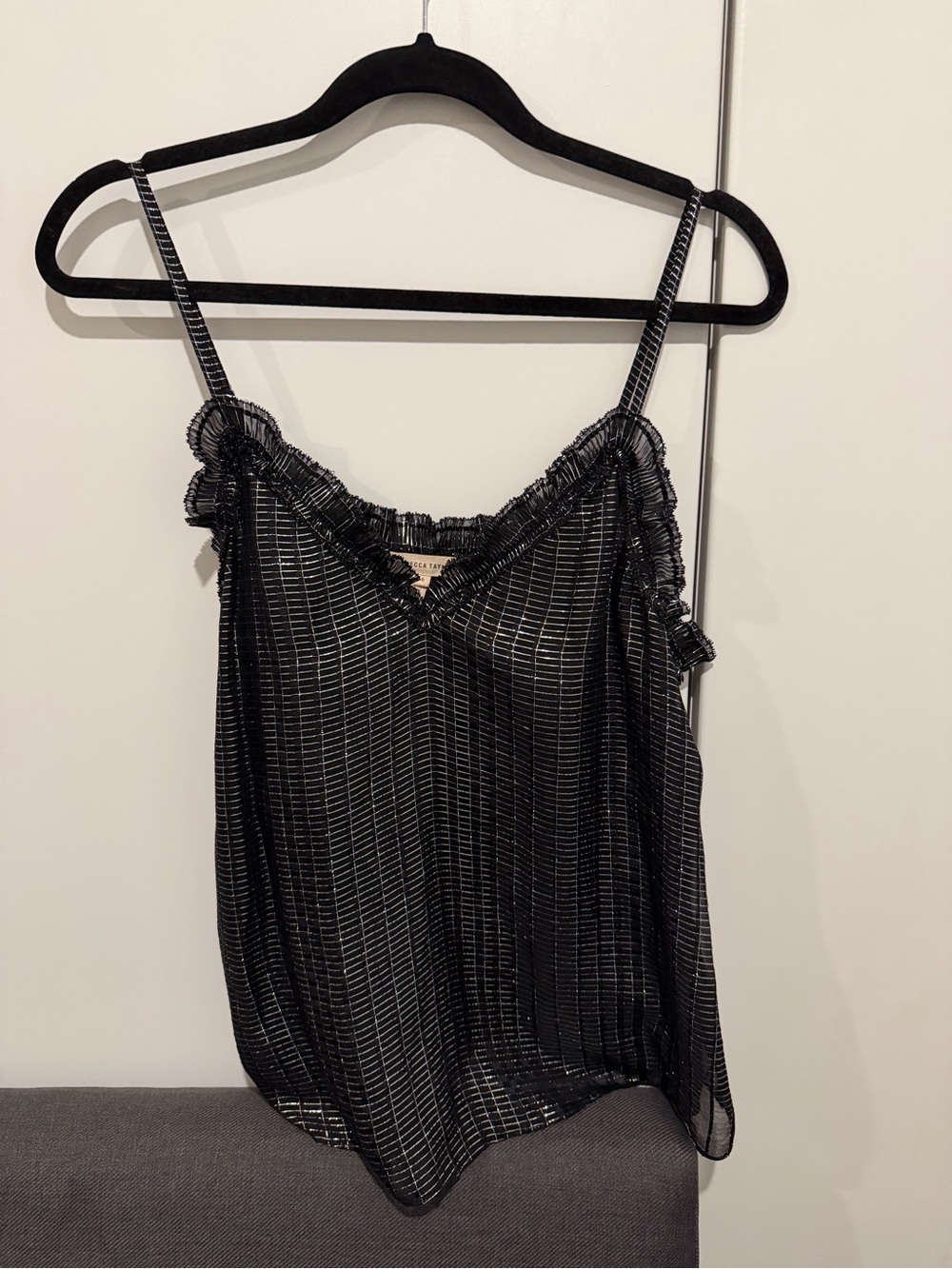 Rebecca Taylor Black Silver Ruffle Striped Spaghetti Strap Cami